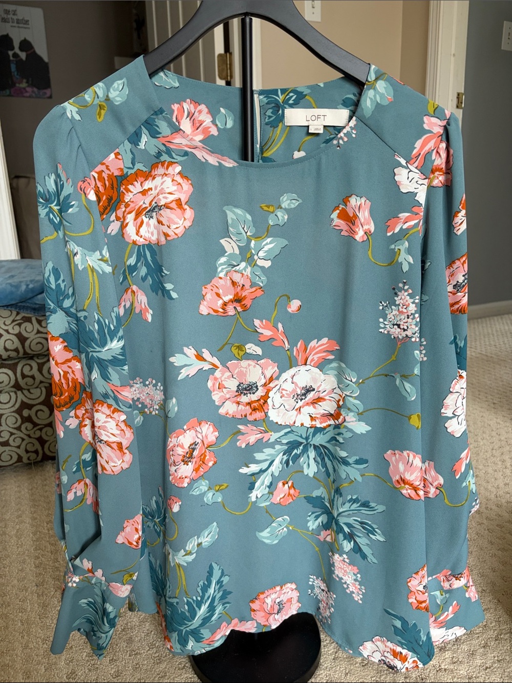 LOFT Teal Floral Blouse with Coral and White Accents